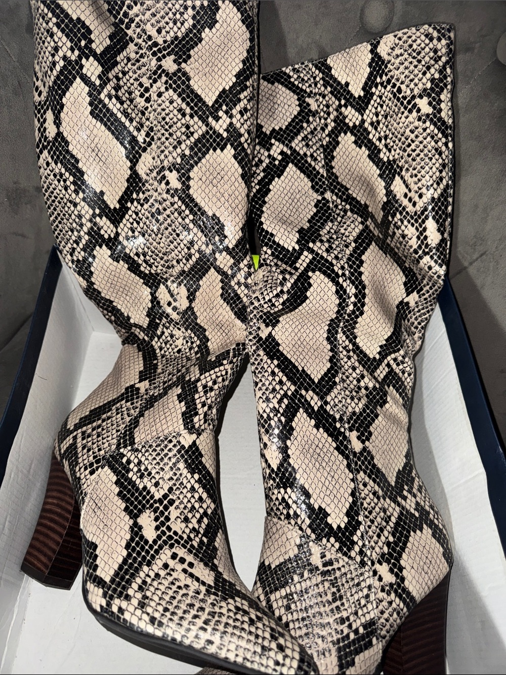 crown & ivy Beige and Black Snakeskin Heeled Boots